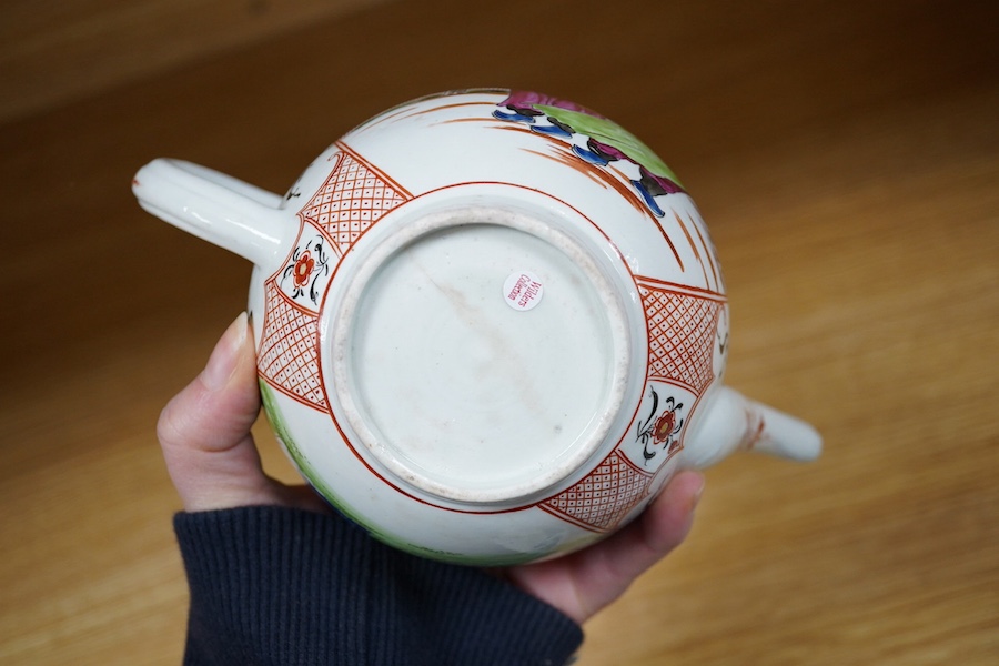 An 18th century Worcester Chinese style teapot, and a similar pine cone pattern strainer and plate (3). Condition - teapot cracked and chipped, others good